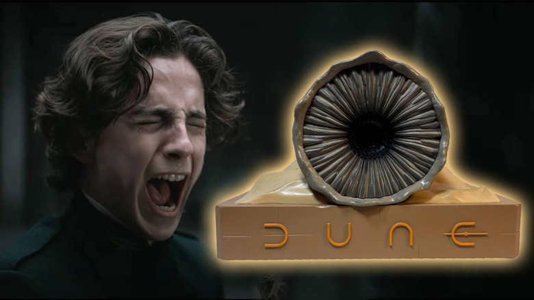 Timothée Chalamet as Paul Atreides screaming next to the Dune sandworm bluetooth speaker