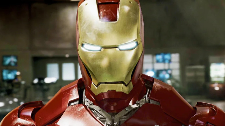 Rober Downey Jr.'s Iron Man is seen in closeup in Iron Man