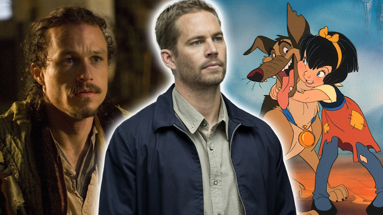 Paul Walker as Brian in Furious 7 surrounded by Heath Ledger as Tony in The Imaginarium of Dr. Parnassus, and Charlie and Anne-Marie in All Dogs Go to Heaven