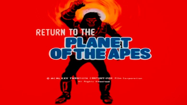 The title card for Return to the Planet of the Apes, featuring a cartoon ape against a red background