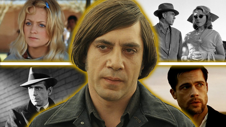 Javier Bardem in No Country for Old Man surrounded by images from The Sugarland Express, The Man Who Wasn't There, The Maltese Falcon, and The Assassination of Jesse James by the Coward Robert Ford in a composite image
