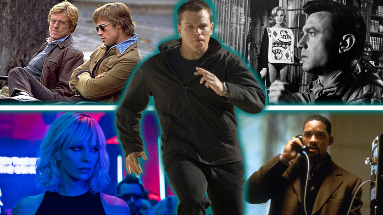 Matt Damon as Jason Bourne surrounded by images from Spy Game, Atomic Blonde, The Manchurian Candidate (1962), and Enemy of the State