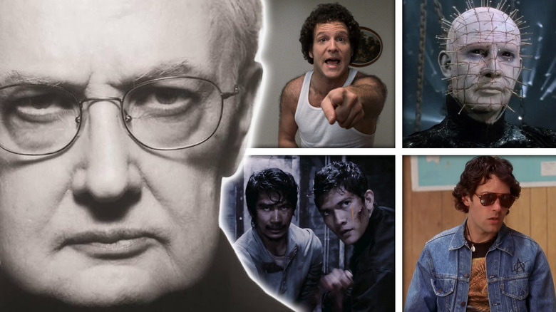 Images from Real Life, Hellraiser (1987), The Raid: Redemption, and Wet Hot American Summer next to a scowling Roger Ebert in a composite image