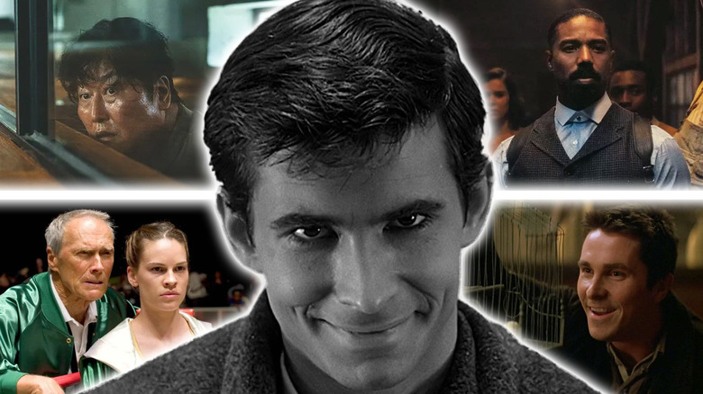 Anthony Perkins as Norman Bates in Psycho, surrounded by Song Kang-ho as Kim Ki-taek in Parasite, Michael B. Jordan as Smoke in Sinners, Clint Eastwood as Frankie Dunn and Hilary Swank as Mary Margaret 