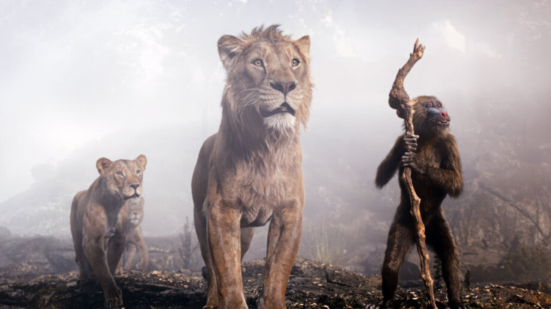 Mufasa, Sarabi, and My Auspicious Companion stand on a misty plane in Mufasa: The Lion King