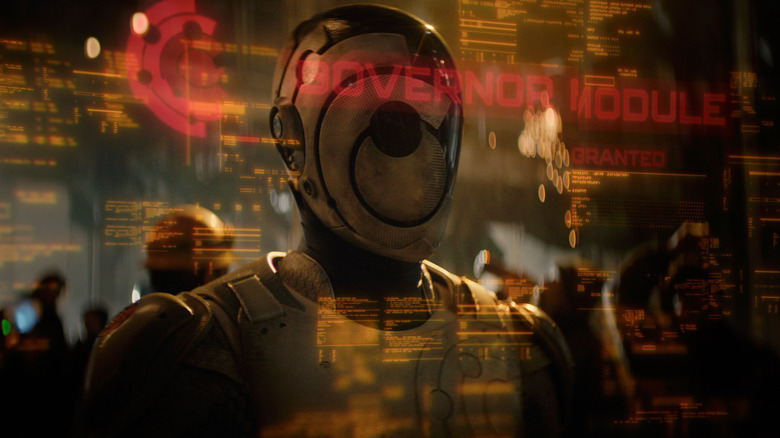Alexander Skarsgård's Murderbot wearing a helmet on Murderbot