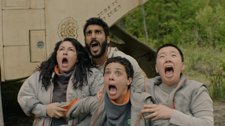 Tamara Podemski as Bharadwaj, Akshay Khanna as Ratthi, Tattiawna Jones as Arada, and Sabrina Wu as Pin-Lee on Murderbot