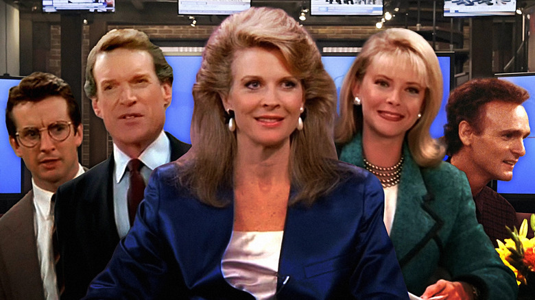 Candice Bergen, Faith Ford, Joe Regalbuto, Charles Kimbrough, and Grant Shaud in Murphy Brown in a composite image