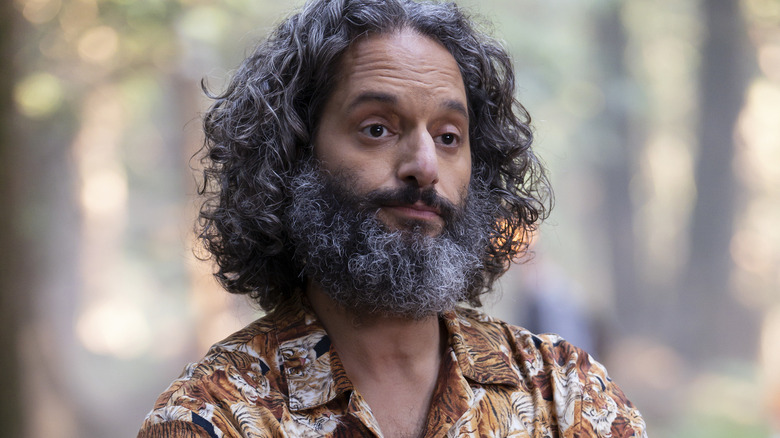 Jason Mantzoujas as Dionysus, wearing a shirt covered in tigers, in Percy Jackson and the Olympians