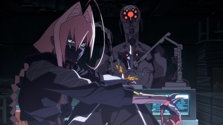 Talia having her arm repaired by a cyborg in Cyberpunk: Edgerunners 2
