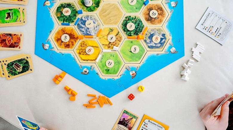 An overhead shot of the Catan game board