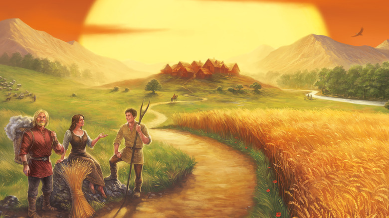 Three settles off the path on the way to town in artwork for Catan Universe