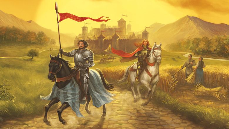 Two knights riding away from the castle in Catan Universe