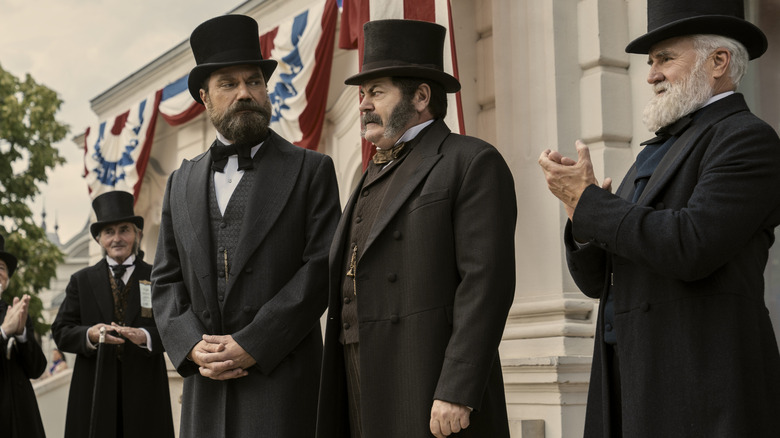 Michael Shannon as James Garfield, Nick Offerman as Chester A. Arthur, and Bradley Whitford as James Blaine standing together in Death by Lightning