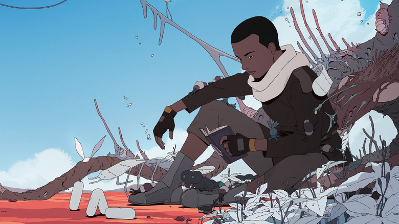 Azi resting and reading a book surrounded by alien creatures in Scavengers Reign