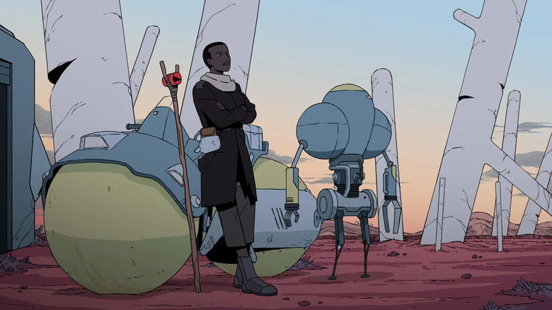 Azi resting by a bike with a robot in Scavengers Reign