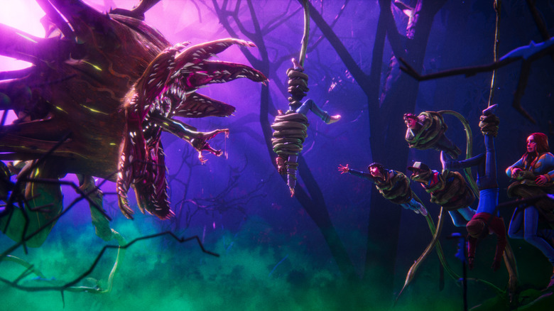 The Hawkins gang being almost devoured by a giant monster plant in Stranger Things: Tales from '85