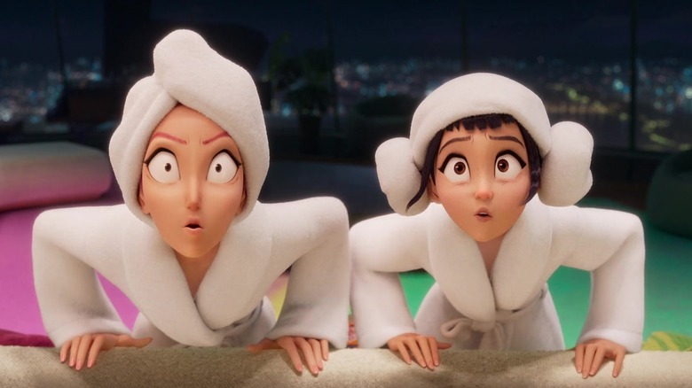 Two of the members of Huntr/X in bathrobes looking outraged in KPop Demon Hunters