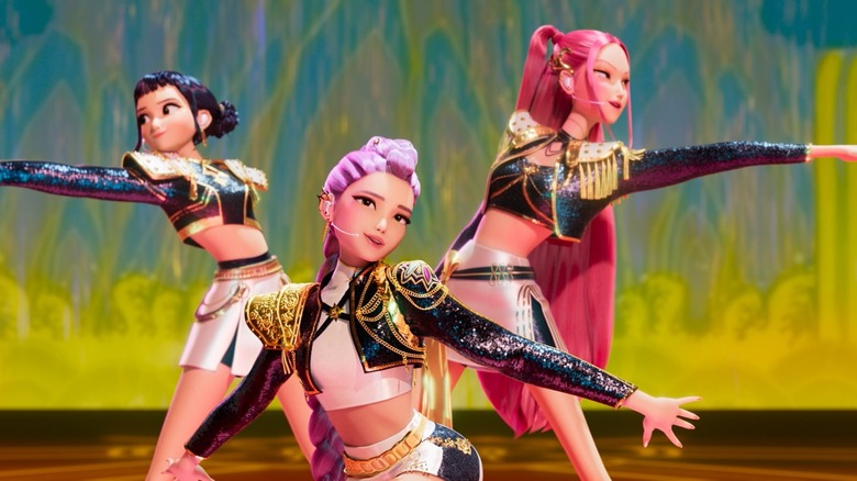 HUNTR/X performing a song in KPop Demon Hunters