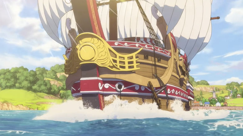 The Going Merry sailing in the water in The One Piece