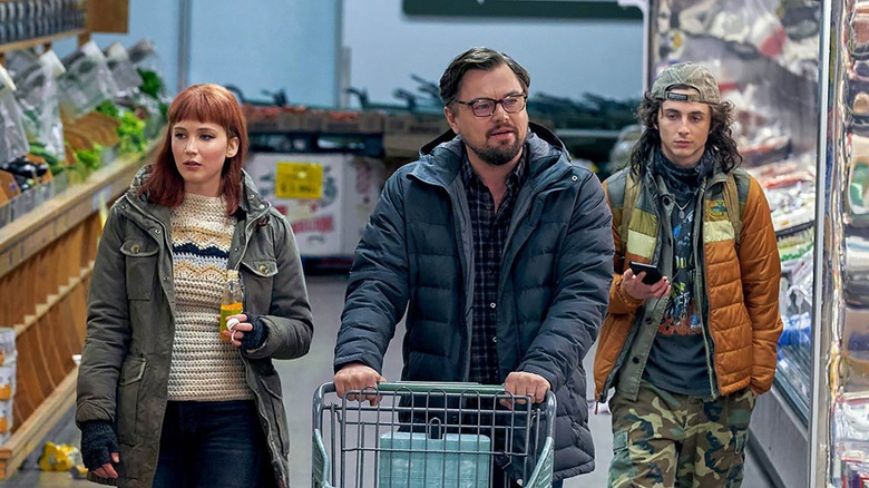 Jennifer Lawrence, Leo DiCaprio, and Timothee Chalamet in Don't Look Up