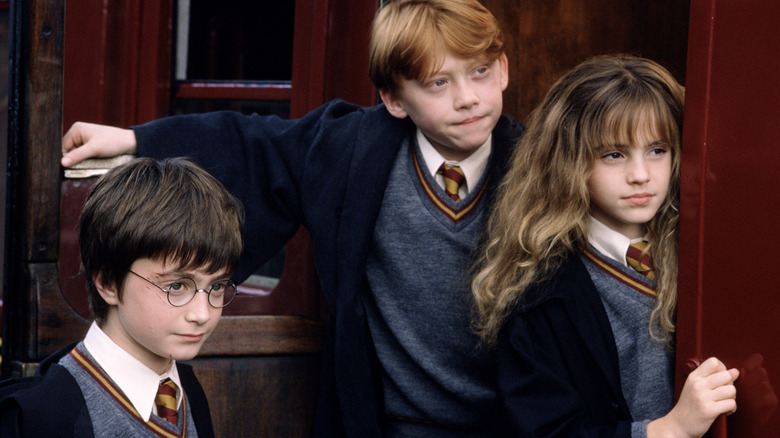 Harry, Ron, and Hermione on the Hogwarts Express in the Harry Potter movies