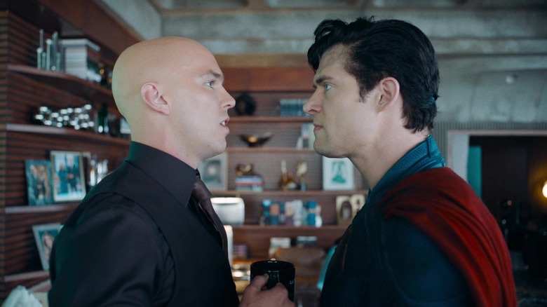 Nicholas Hoult as Lex Luthor facing off against David Corenswet as Superman in Superman
