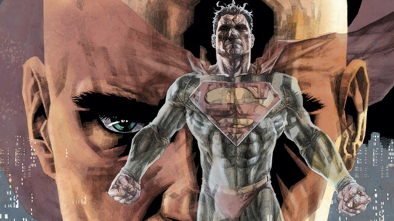 Superman and Lex's enlarged gaze behind him in the Lex Luthor: Man of Steel cover art by Lee Bermejo