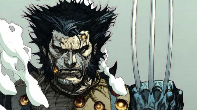 An unmasked Wolverine holding his claws up and healing from bullet wounds in Marvel's comics