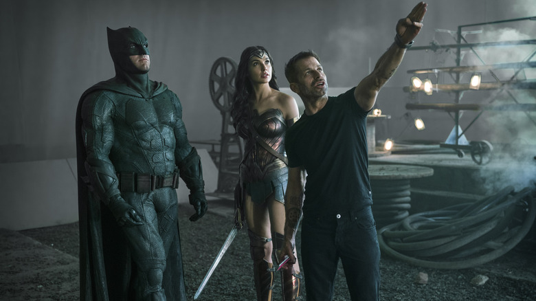 Zack Snyder, Ben Affleck and Gal Gadot on the set of Justice League