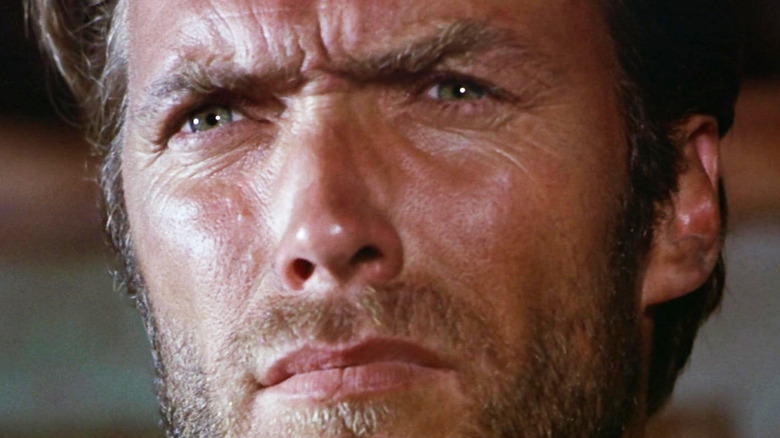 Clint Eastwood's Man with No Name is seen scowling in closeup in The Good, the Bad, and the Ugly