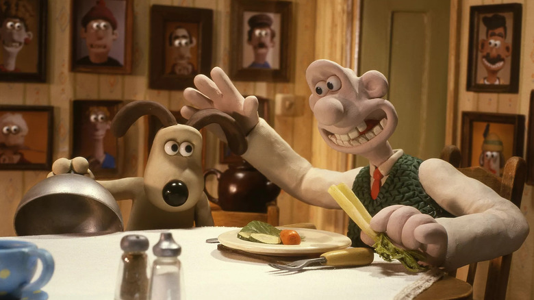 Peter Sallis as Wallace eats dinner with Gromit in Wallace & Gromit: The Curse of the Were-Rabbit