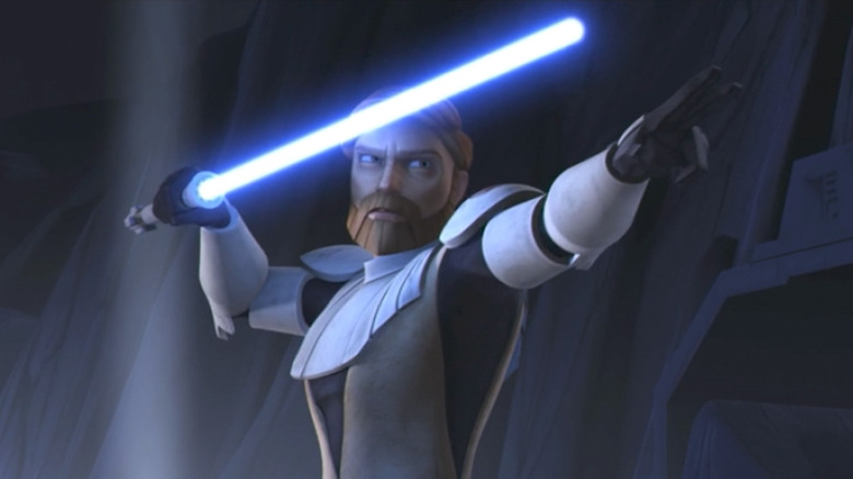 Obi-Wan Kenobi prepares for a lightsaber battle in Star Wars: The Clone Wars