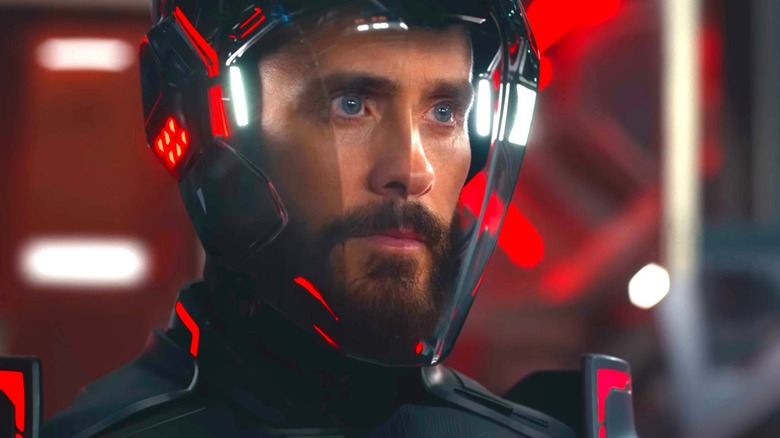 Jared Leto as Ares with his helmet on in Tron: Ares