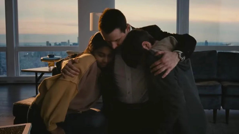 Succession Sophie Roy hugged by her father Kendell, who also hugs Iverson