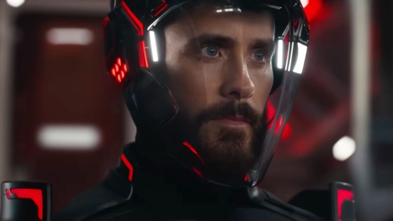 Jared Leto as Ares in his helmet in Tron: Ares