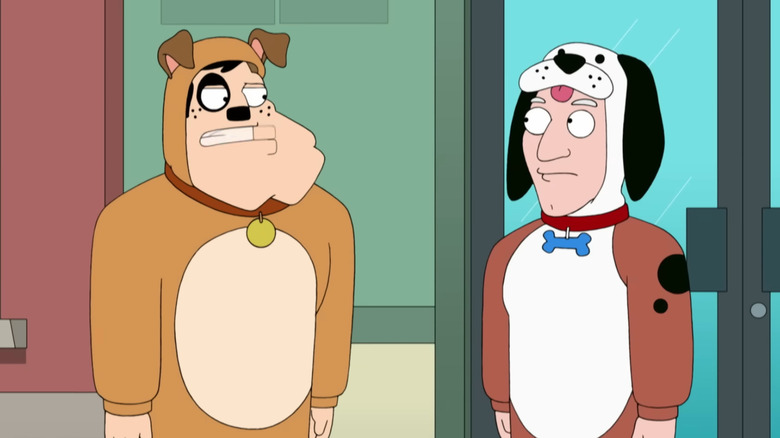 Stan and Avery dressed up in dog costumes in American Dad