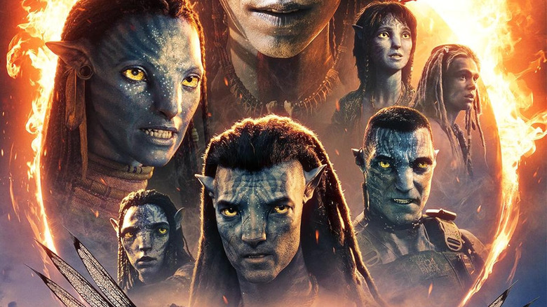 Neytiri, Jake Sully, Quaritch, Kiri, and Spider in the Avatar: Fire and Ash poster
