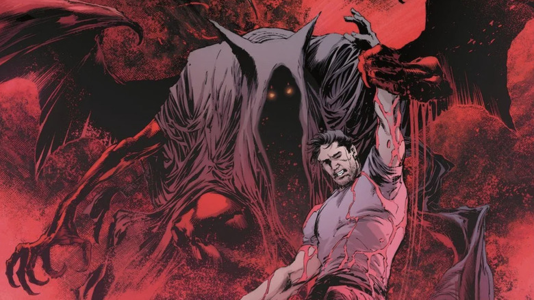 Detective Comics #1073, Barbathos pulling Batman out of water bathed in red light