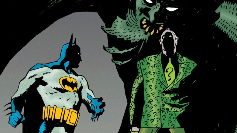 Detective Comics #454 cover, Batman and the Riddler with demon statue looming behind
