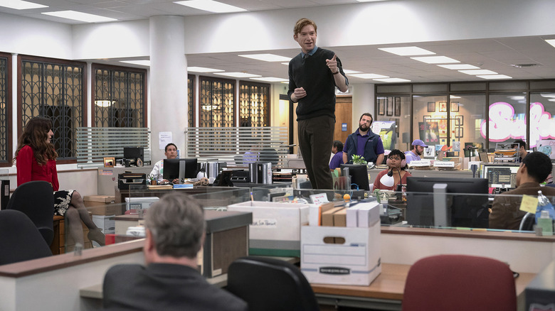 Domhnall Gleeson as Ned Sampson addresses the Toledo Truth-Teller staff on The Paper