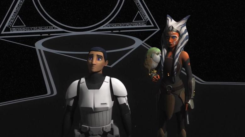 Ezra wearing a stormtrooper uniform and Ahsoka standing next to him in Star Wars Rebels
