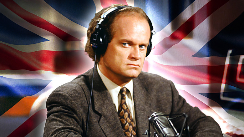 Kelsey Grammer as Frasier sitting in front of the United Kingdom's flag