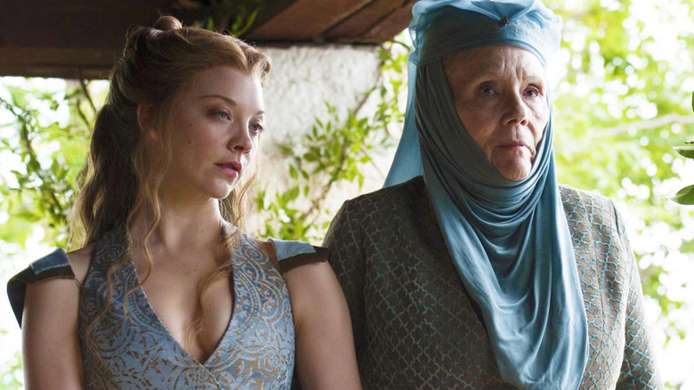Natalie Dormer as Margaery Tyrell and Diana Rigg as Olenna Tyrell on Game of Thrones