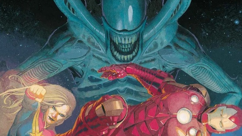 Aliens vs Avengers #1 cover Esad Ribic Xenomorph Captain Marvel Iron Man