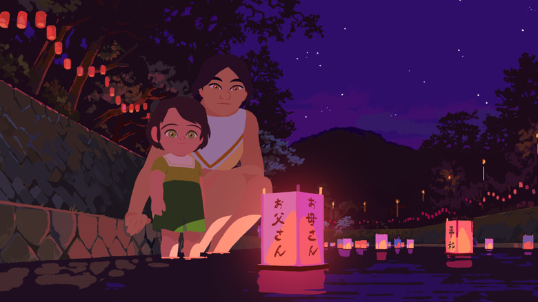 Nishio-san and Amelie placing a lantern on a river during a festival in Little Amelie
