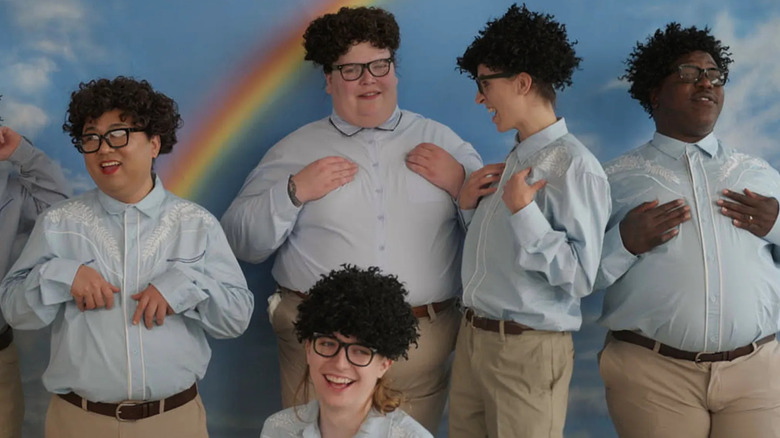 Robin Tran, Hayden Johnson, Grace Freud, April Clark, and Brontez Purnell dressed like Pat in We Are Pat