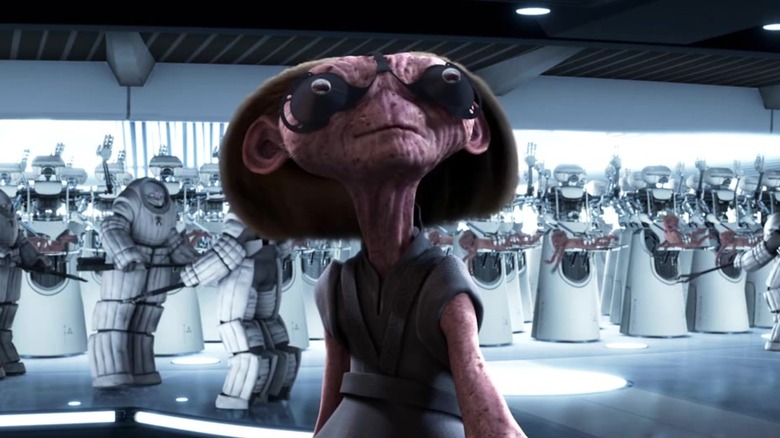 The Supervisor looking up with an army of Martians behind her in Mars Needs Moms