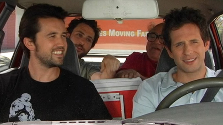 Always Sunny, Mac, Charlie, Frank and Dennis in the car together, chatting happily as the wait for the light to turn green