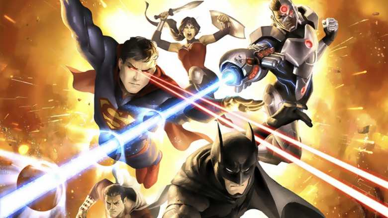 Superman, Wonder Woman, Cyborg, Batman, and Shazam charging into battle on the Justice League: War poster